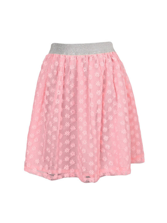Girls Floral Embroidered Mesh Flared Mini Skirt