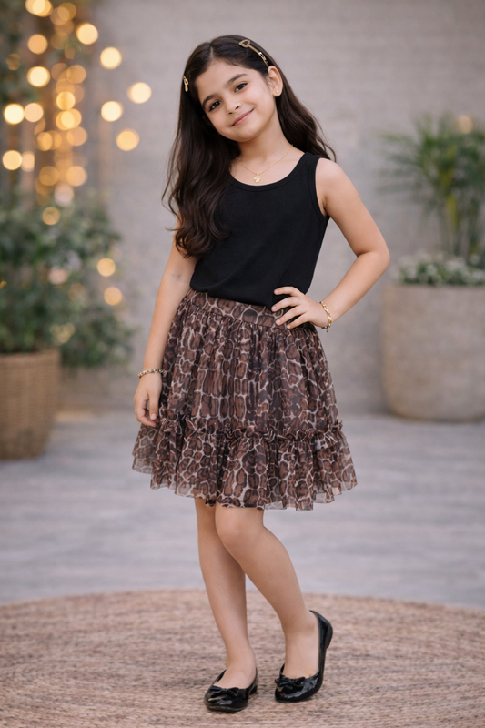 Girls Animal Print Layered Ruffle Mini Skirt