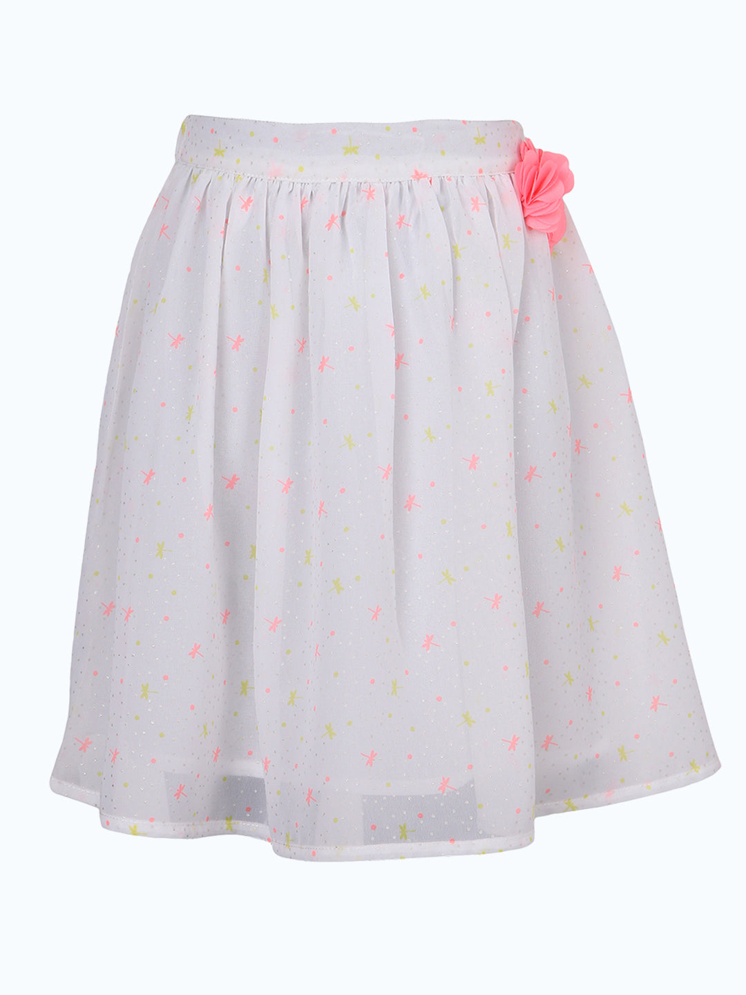 Girls Printed Flared Skirt with Floral  Detail