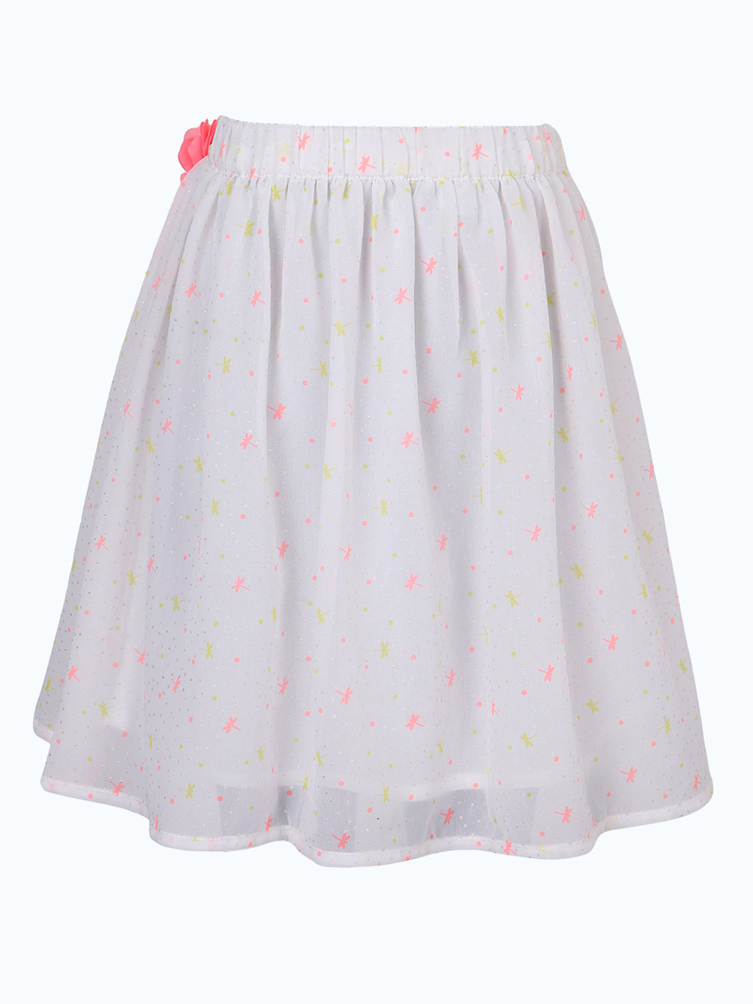 Girls Printed Flared Skirt with Floral  Detail