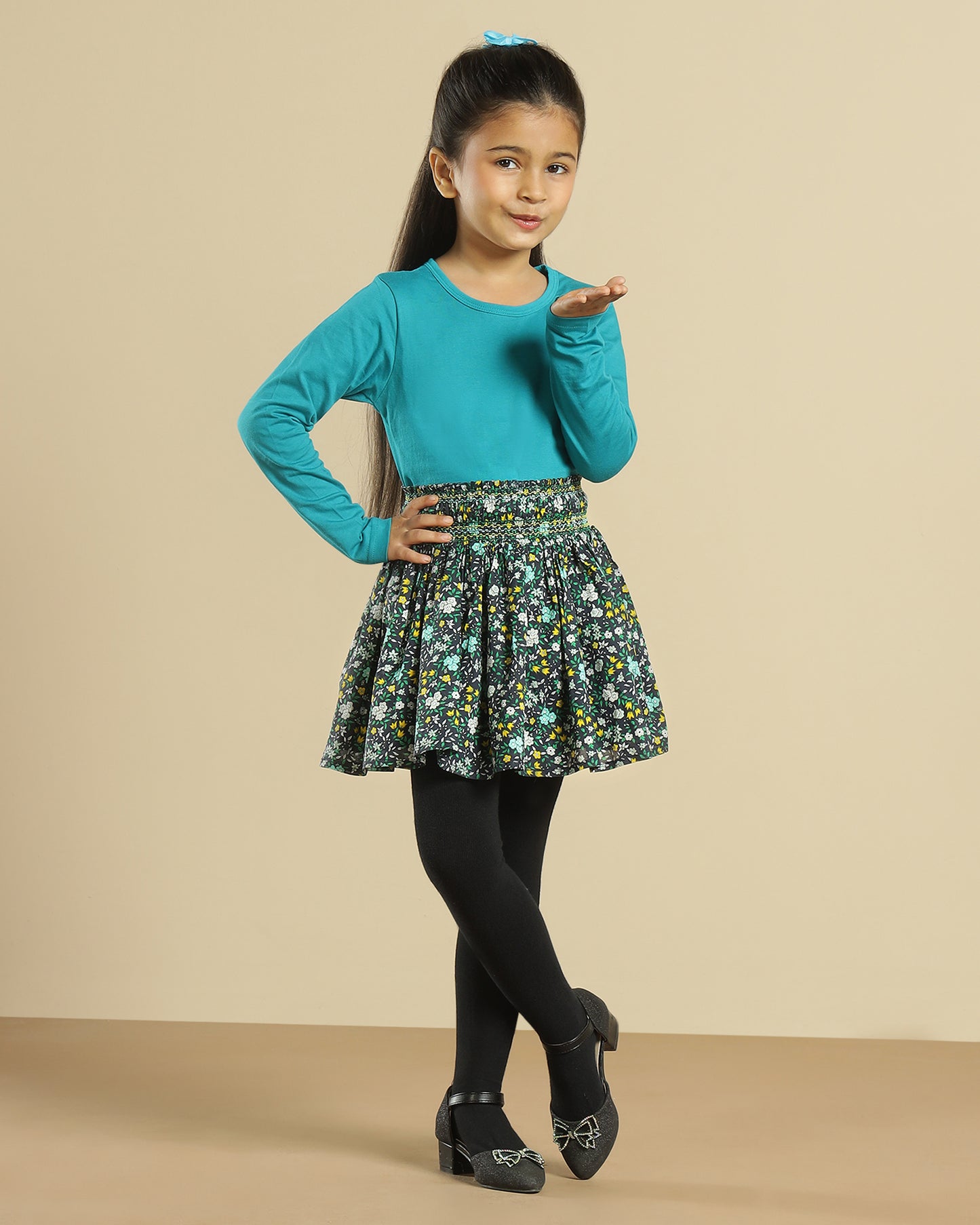 Girls Floral Printed Smocked Flared Mini Skirt