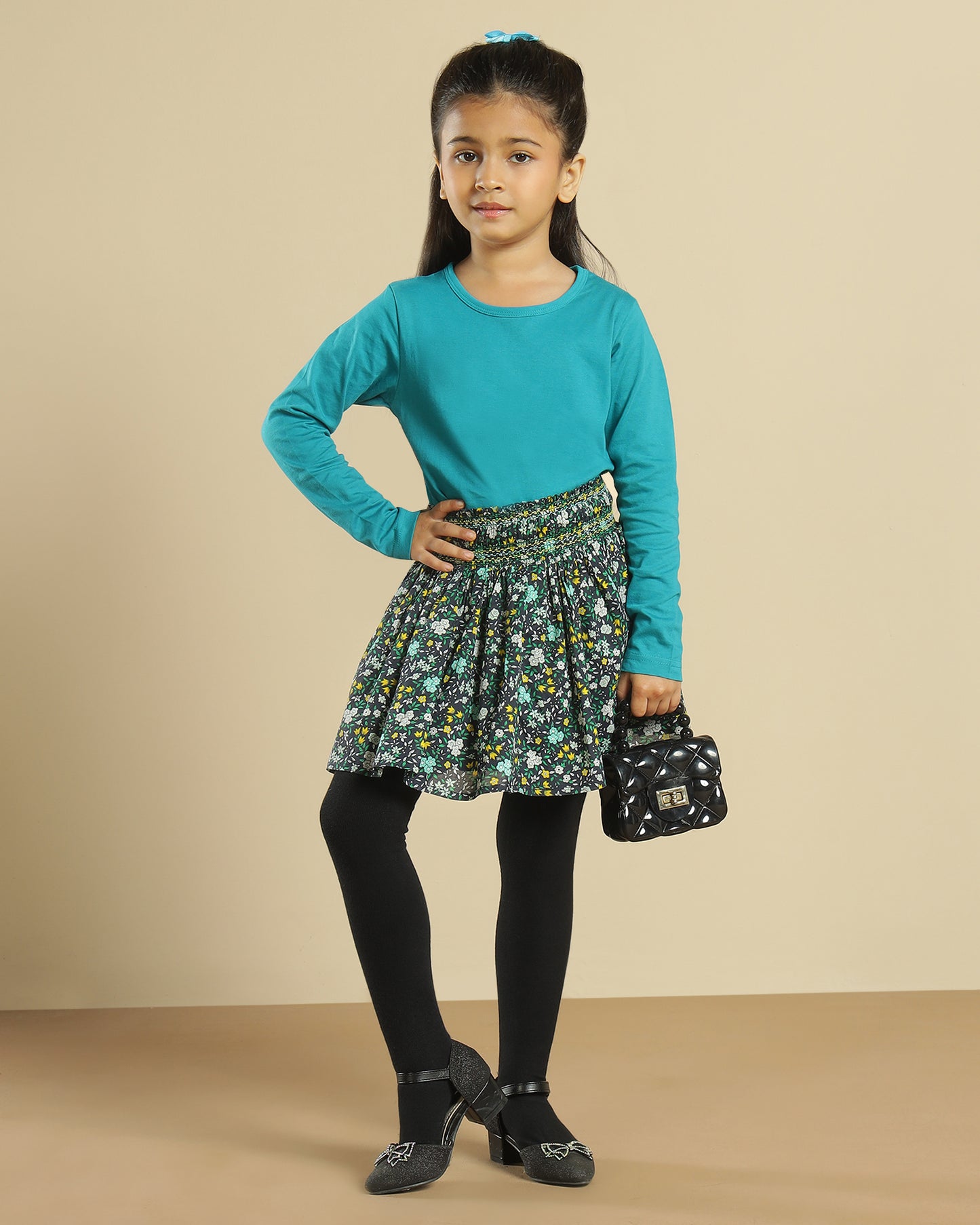 Girls Floral Printed Smocked Flared Mini Skirt
