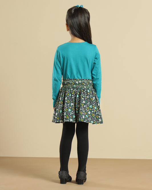 Girls Floral Printed Smocked Flared Mini Skirt