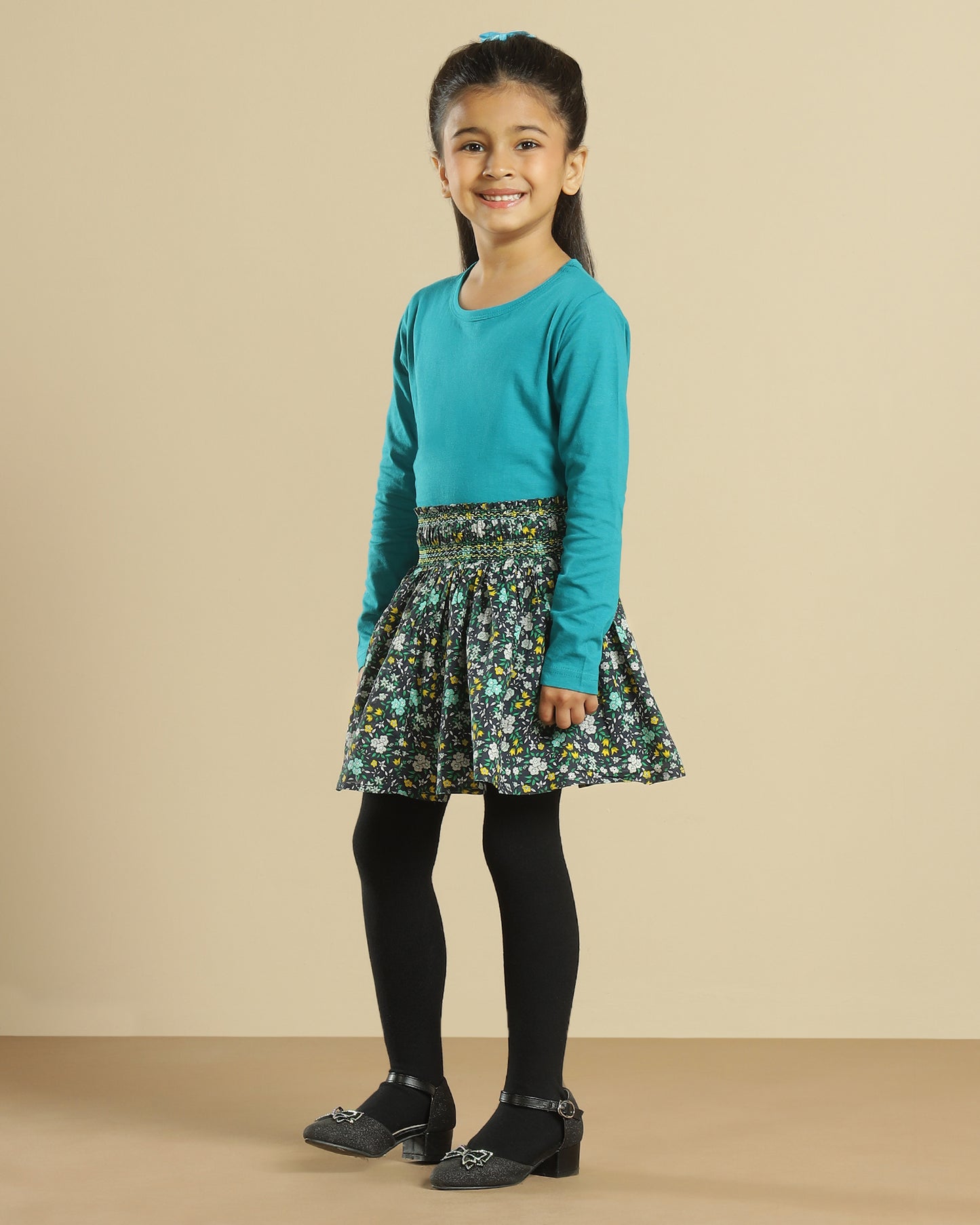 Girls Floral Printed Smocked Flared Mini Skirt
