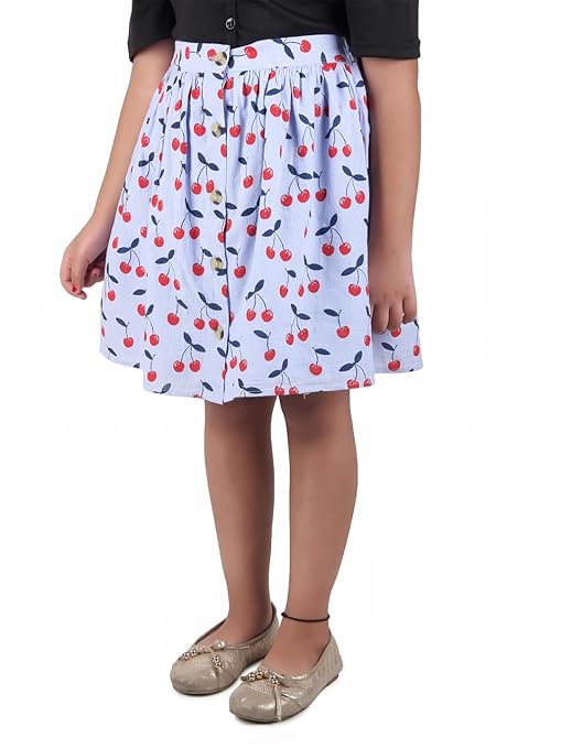 Girls Cherry Printed Flared Mini Skirt with Button Detail