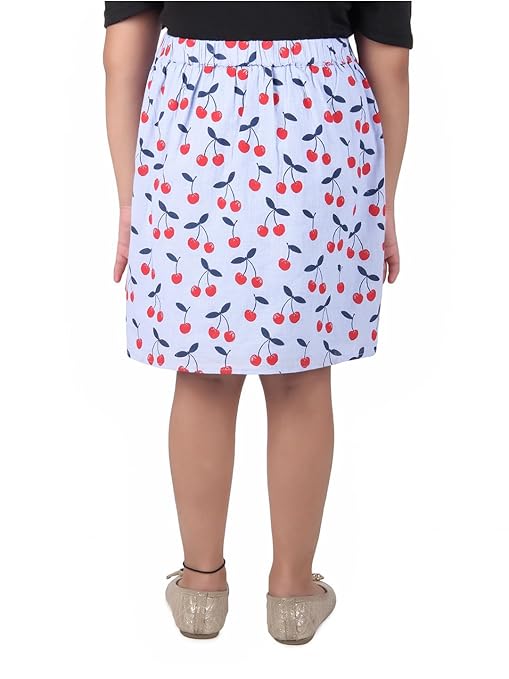 Girls Cherry Printed Flared Mini Skirt with Button Detail