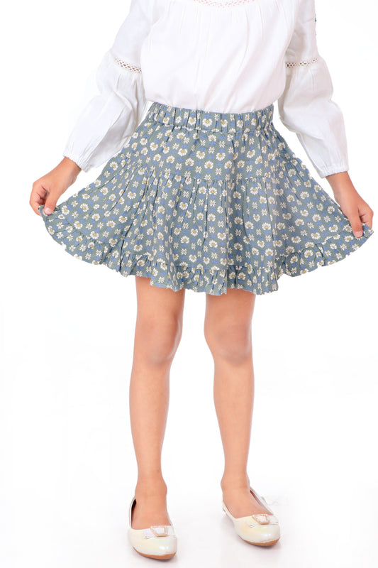 Girls Floral Printed Tiered Mini Skirt