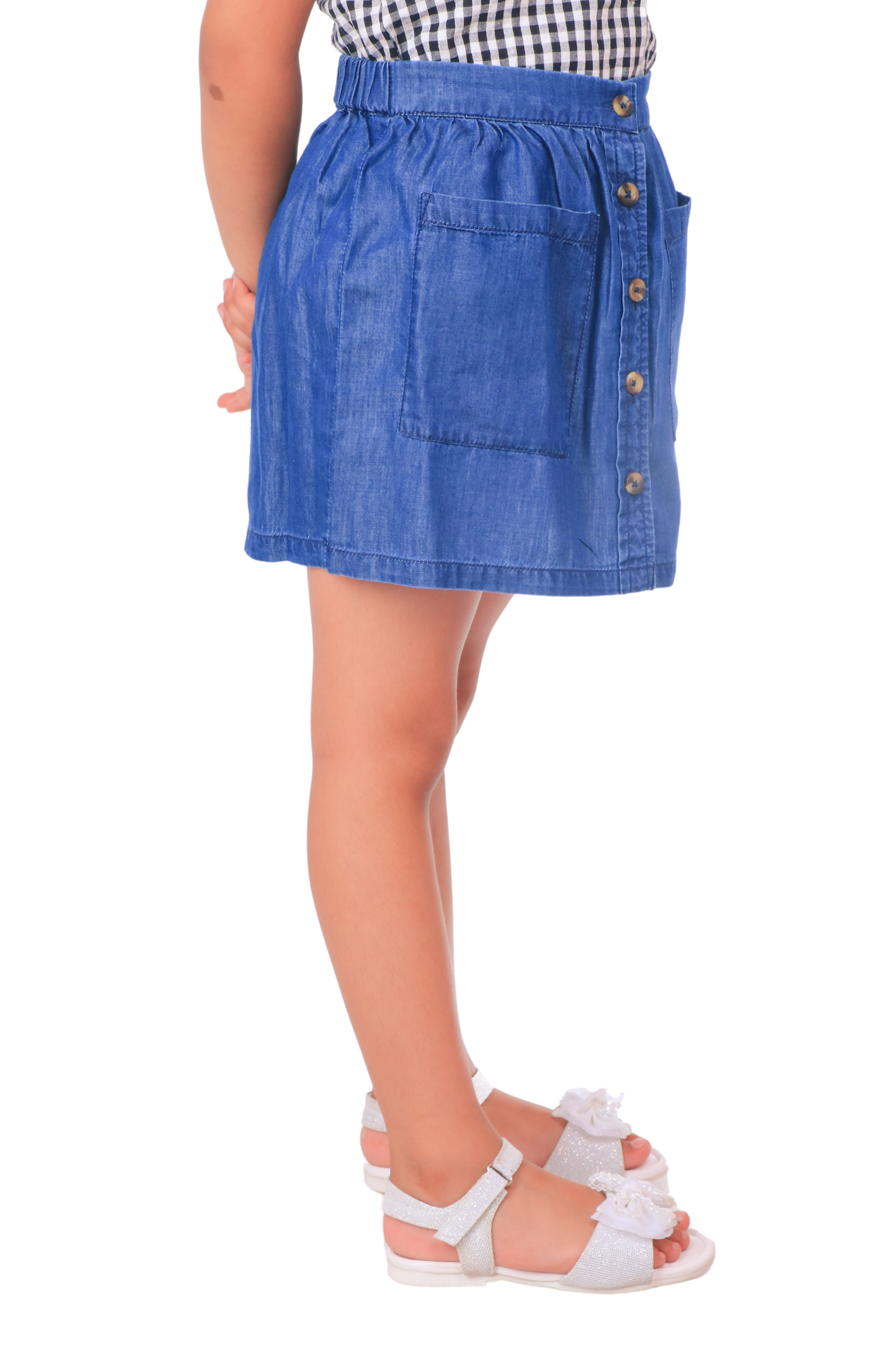 Girls Denim Mini Skirt with Button Detail & Pockets