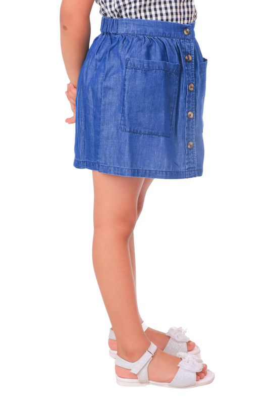 Girls Denim Mini Skirt with Button Detail & Pockets