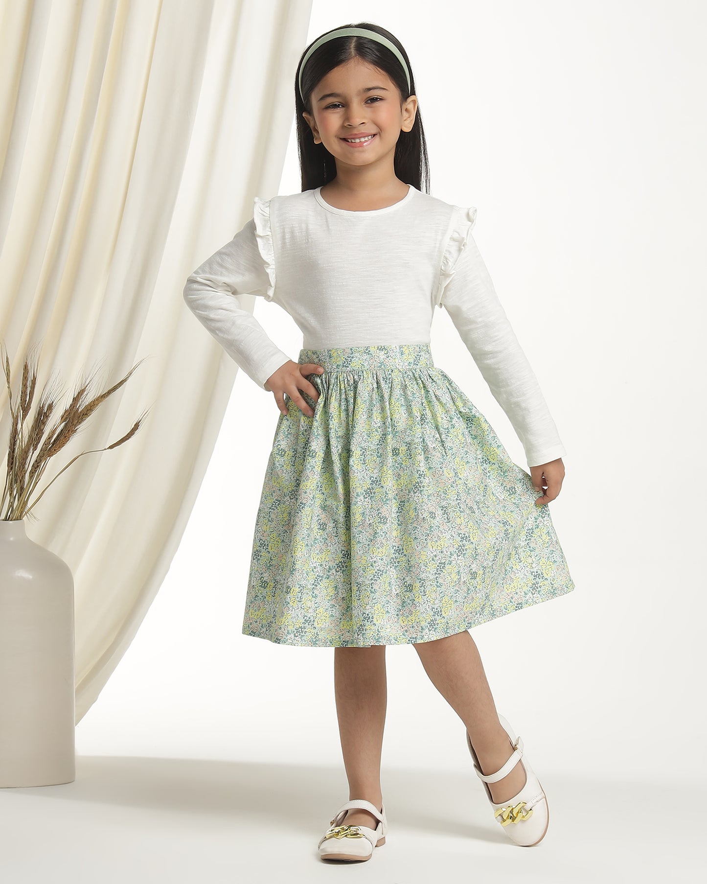 Girls Pastel Floral Printed Flared Mini Skirt