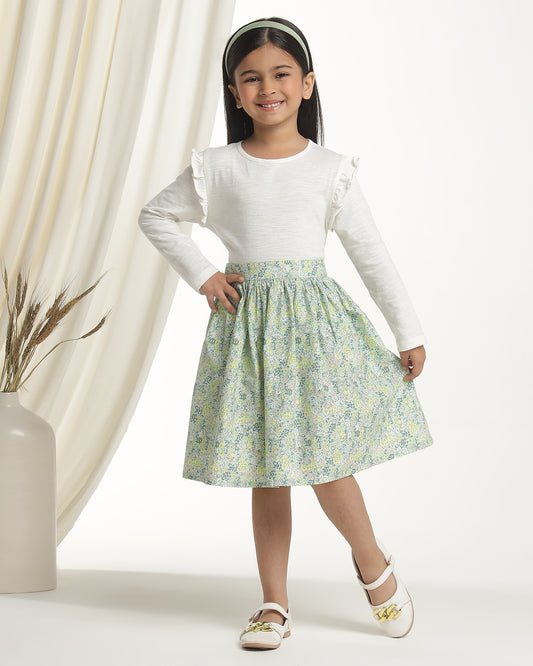Girls Pastel Floral Printed Flared Mini Skirt
