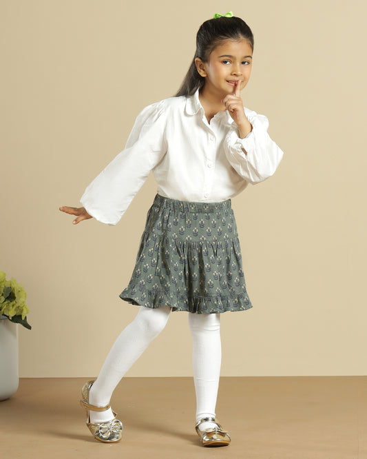 Girls Floral Printed Tiered Ruffle Mini Skirt