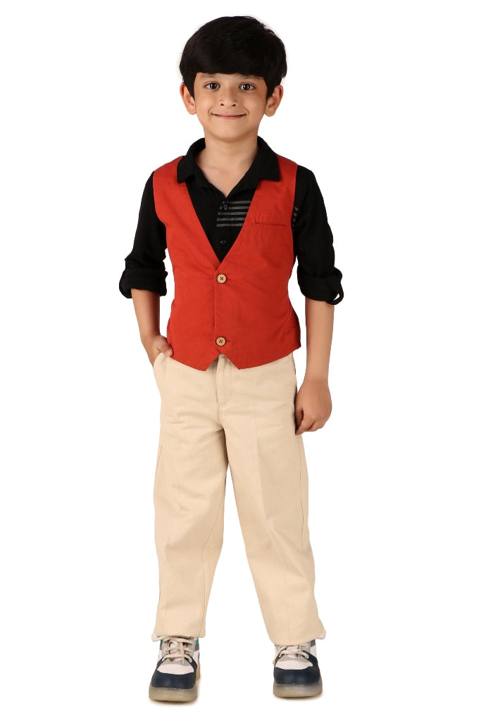 Boys Solid Red Casual Waistcoat