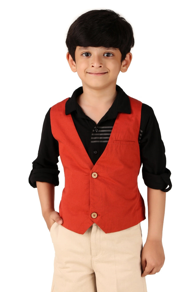Boys Solid Red Casual Waistcoat