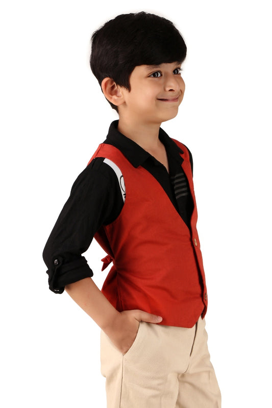Boys Solid Red Casual Waistcoat