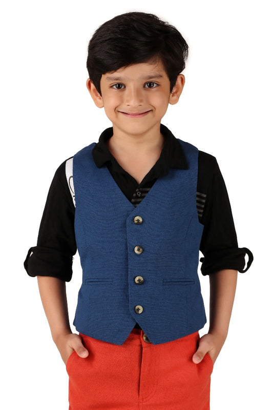 Boys Solid Blue Casual Waistcoat