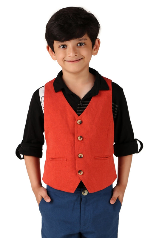 Boys Solid Red Casual Waistcoat