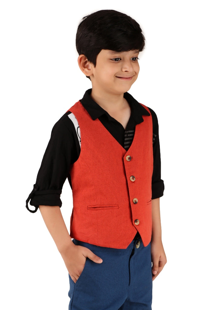 Boys Solid Red Casual Waistcoat