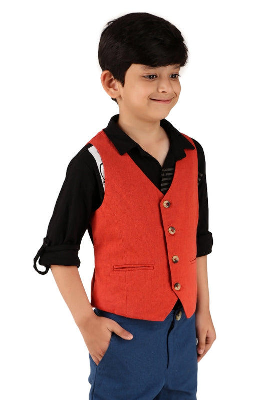 Boys Solid Red Casual Waistcoat