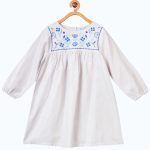 Girls Off White & Blue Embroidered A-Line Dress
