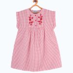 Girls Red & White Embroidered Checked A-Line Dress