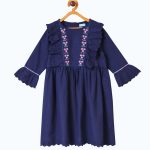 Girls Navy Blue & Pink Embroidered Fit and Flare Dress