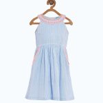Girls Blue & White Striped Embroidered Dress