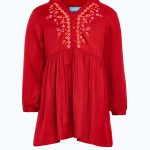 Miyo Girls Red Embroidered Fit and Flare Dress