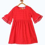 Girls Red Self Design Fit and Flare Dress
