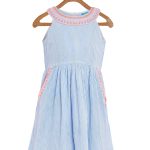 Girls Blue & White Striped Embroidered Dress