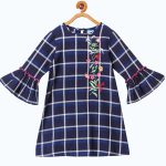 Girls Navy Blue & Gre Checked A-Line Dress