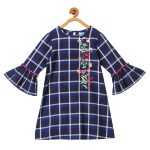 Girls Navy Blue & Gre Checked A-Line Dress