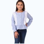 Girls Blue Striped Peplum Winter Top With Lace Detail