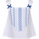 White & Blue Geometric Embroidered Regular Cotton Top